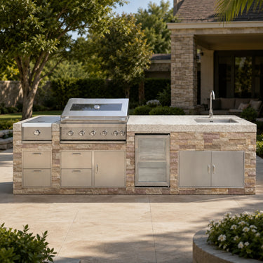 Pacific Horizon 11.5-Ft Modular Outdoor Kitchen with Built-In Grill, Side Burner, Refrigerator & Sink